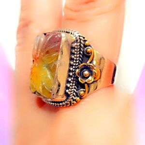 Carved Rainbow Agate Sterling Silver 925 Gemstone Ring